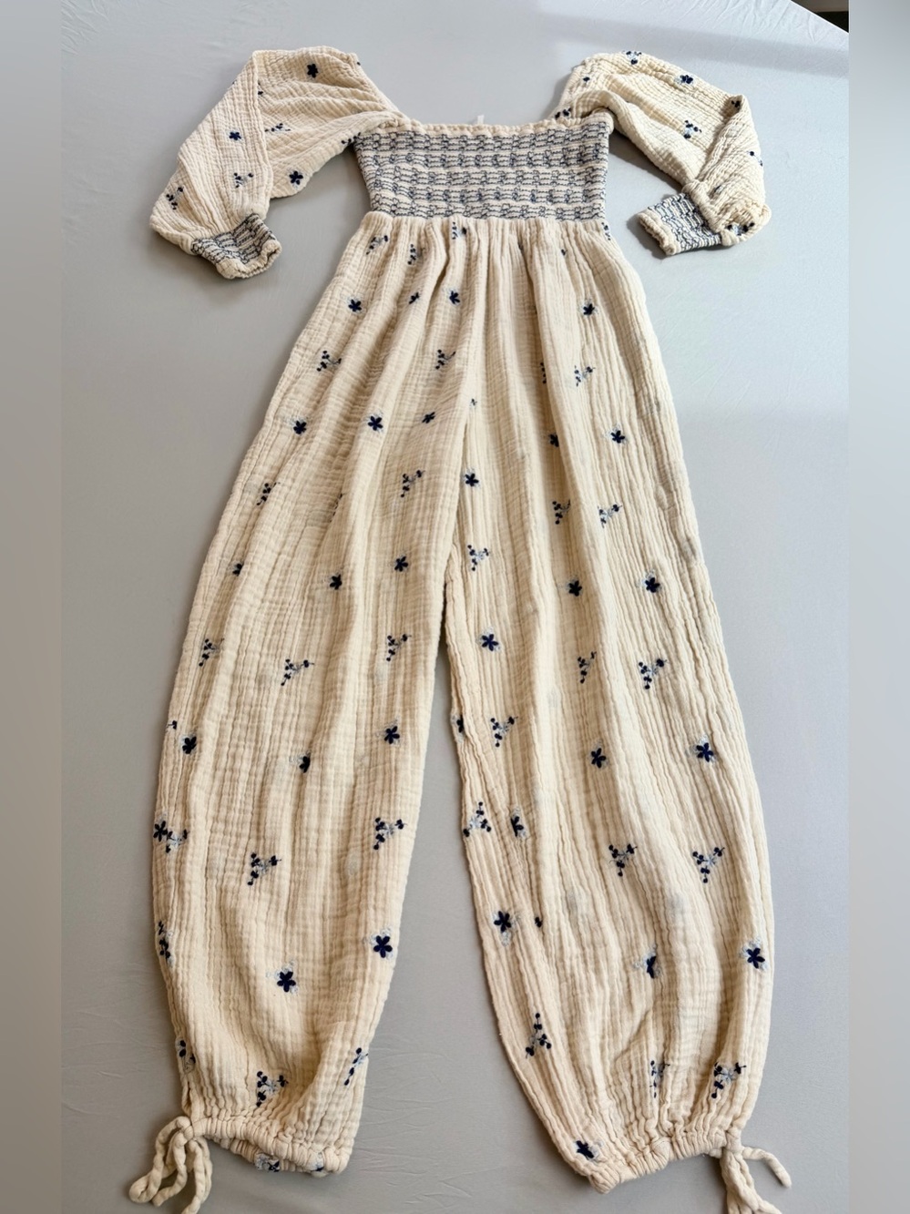 Free People Embroidered Gauze Jumpsuit XS/S Cream Blue Floral Boho